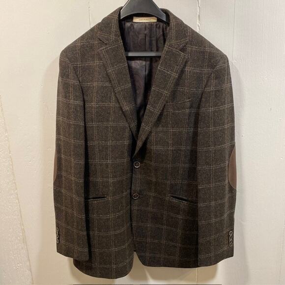 Joseph Abboud JOE 40R Slim Fit Brown Plaid Wool Sport Coat Blazer Elbow Patch - Picture 1 of 12